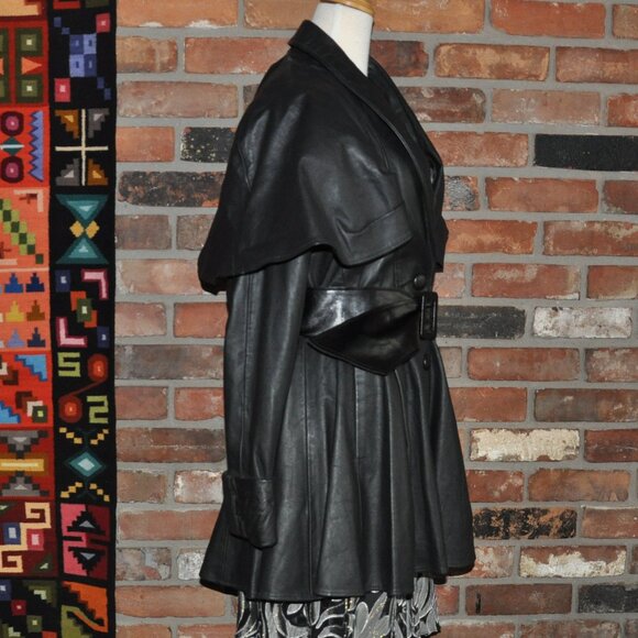 New Vintage 90s ADA Tailored Black Leather Jacket  Inverness Cape Dress Coat 7 M - Picture 3 of 13
